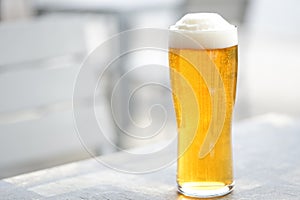Large tall lager beer with head plain background