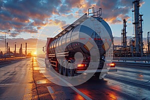 A large tanker truck is driving down a road near a refinery. Logistic concept