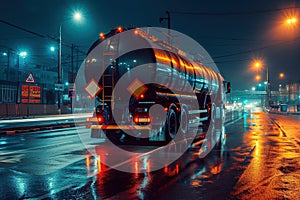 A large tanker truck driving at night. Generative AI