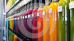 Large tanks labeled with different flavors and mixtures holding hundreds of gallons of juice ready to be bottled and
