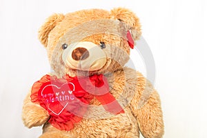 A large teddy bear on a white background holding a heart that says `Be my valentine