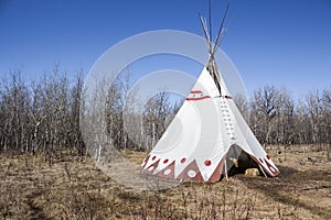 Large teepee sitting in a field of dead grass