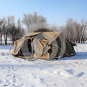 Large tent in snowy landscape