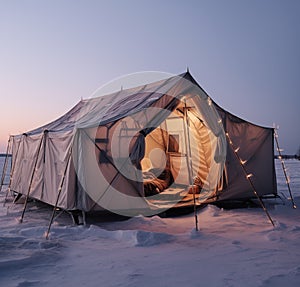 Large tent in snowy landscape