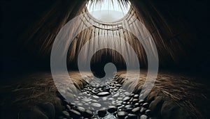 A large thatch canopy sags over a shallow pit lined with river s