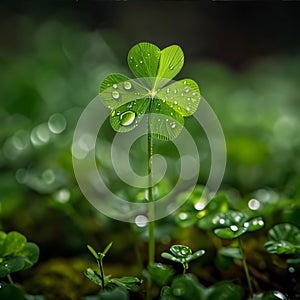 Large three-leaf green clover in a clearing with dewdrops, blurred background. The green color symbol of St. Patrick\'