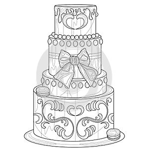 Large three-tiered cake with decorations.Coloring book antistress for children and adults.