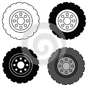 Large Tire Wheel Clipart Set - Outline, Silhouette & Color