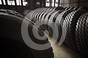 Large tires of a bus garage