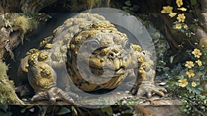 A large toad sitting in a forest with flowers and leaves, AI