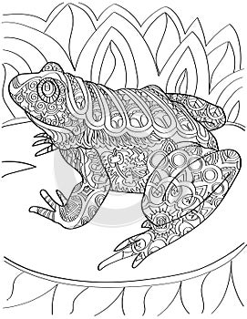 Large Toad On Water Lily Looking Sideward Colorless Line Drawing. Huge Bullfrog Resting On A Plant In A Pond Coloring