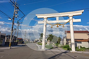 Large torii gate at the site of the annual Okaeri, or Welcome Home festival, Mikawa, Ishikawa Prefecture, Japan.