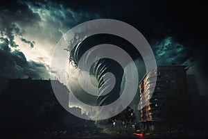 Large tornado destroying a city. Dark dramatic scenery with a twister in town. Natural disaster concept. Generative ai