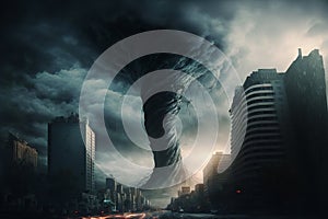 Large tornado destroying a city. Dark dramatic scenery with a twister in town. Natural disaster concept. Generative ai