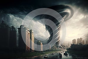 Large tornado destroying a city. Dark dramatic scenery with a twister in town. Natural disaster concept. Generative ai