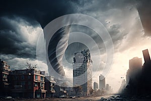 Large tornado destroying a city. Dark dramatic scenery with a twister in town. Natural disaster concept. Generative ai