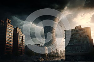 Large tornado destroying a city. Dark dramatic scenery with a twister in town. Natural disaster concept. Generative ai