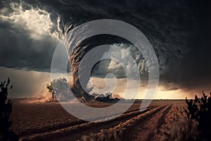 Large tornado destroying a farm. Dark dramatic scenery with a twister in landscape. Natural disaster concept