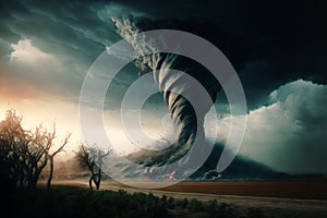 Large tornado destroying a farm. Dark dramatic scenery with a twister in landscape. Natural disaster concept