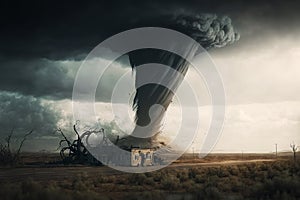 Large tornado destroying a farm. Dark dramatic scenery with a twister in landscape. Natural disaster concept. Generative ai