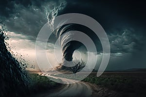 Large tornado destroying the landscape. Dark dramatic scenery with a twister in nature. Natural disaster concept. Generative ai