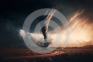 Large tornado destroying the landscape. Dark dramatic scenery with a twister in nature. Natural disaster concept. Generative ai
