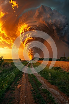 A large tornado forming and swirling in the open field, showing its destructive force