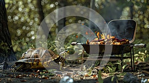 a large tortoise sitting next to a grill full of food