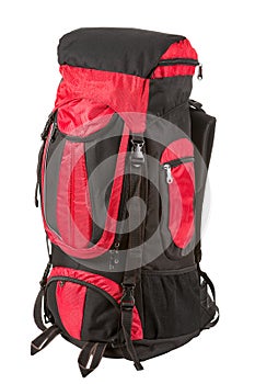 Large tourist backpack, 70 liters, black with red, on a white background