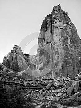 Large towering rock formation in Utah - Black and White