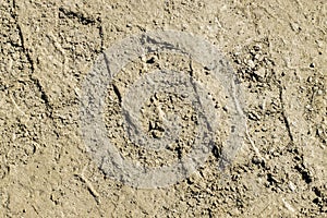 Large track from the wheel of an SUV or tractor on a clayey muddy road