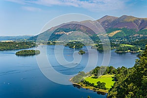 A large, tranquil lake with a background of mountains (Catbells and Derwentwater, Lake District