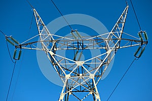 Large transmission towers at sunset