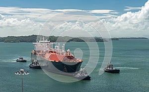 Large transport ship moving across Gatun Lake in the Panama Canal