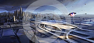 A large transportation hub next to the city, a digital illustration of the sense of future technology