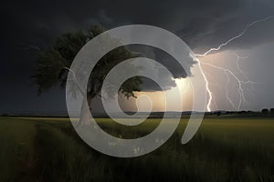 large tree in a field, under a stormy sky with lightning in the background, taken at night, ai generative