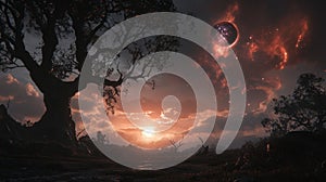 A large tree with a glowing sun in the background.