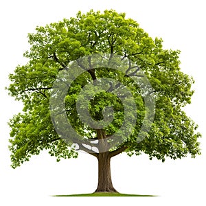 Large tree with green leaves close-up isolated on a white or transparent background. Oak tree with summer foliage in