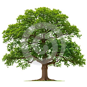 Large tree with green leaves close-up isolated on a white or transparent background. Oak tree with summer foliage in