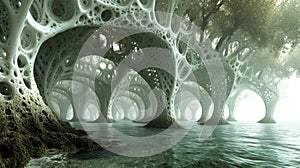 A large tree like structure in the water with white and green leaves, AI