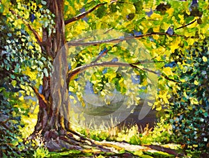 A large tree lit by sun painting, a sunny landscape. Beautiful sunny forest.