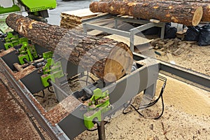 Large tree log is automatically quickly and accurately cut at a modern sawmill