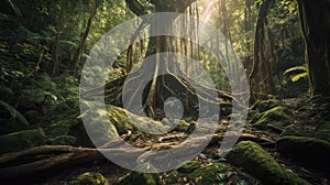 a large tree in the middle of a lush green forest