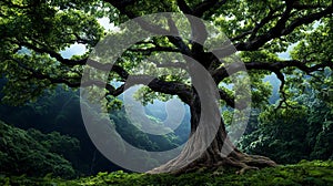 A large tree in the middle of a lush green forest