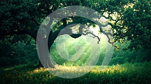 A large tree in the middle of a lush green forest