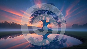 Majestic Oak Tree Reflection at Twilight