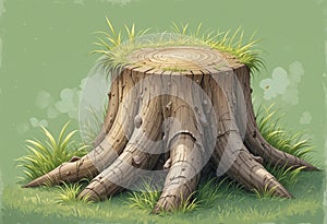 A large tree stump sits in a grassy field