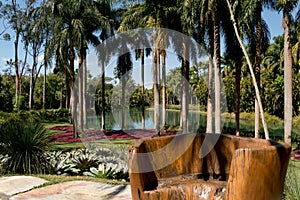 Large tree trunk rustically worked in a beautiful garden with artificial lake and many palm trees.