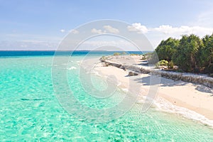 Large tropical island white sandy beach, view from above. Seascape, nature of the Philippine Islands