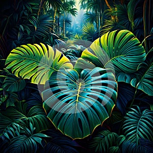 large tropical leaves in the jungle